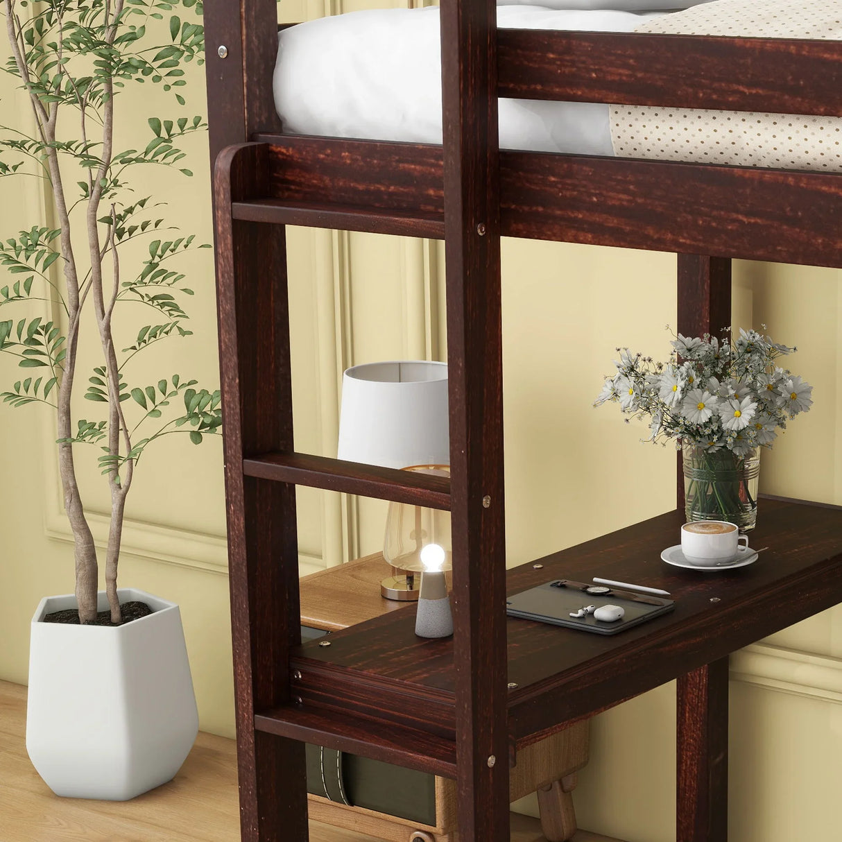 Loft Pine Wood Bed With Built-In Desk, Safety Guardrails, Ladder - Furniture Home Direct