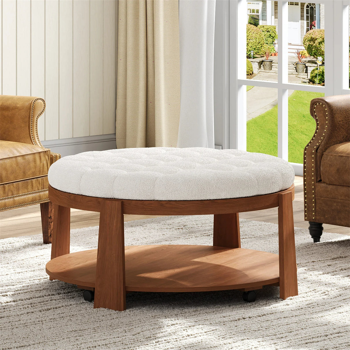 Round Ottoman Coffee Table with Upholstered Top Ivory White - Furniture Home Direct