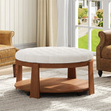 Round Ottoman Coffee Table with Upholstered Top Ivory White - Furniture Home Direct