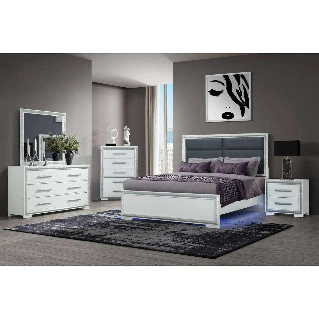 King Bedroom Set Contemporary Wood Finish Nightstand Silver - Furniture Home Direct