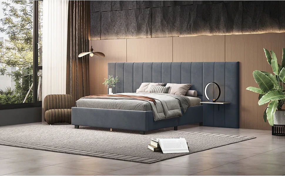 Queen Bed Upholstered Platform With Tall Headboard Gray - Furniture Home Direct