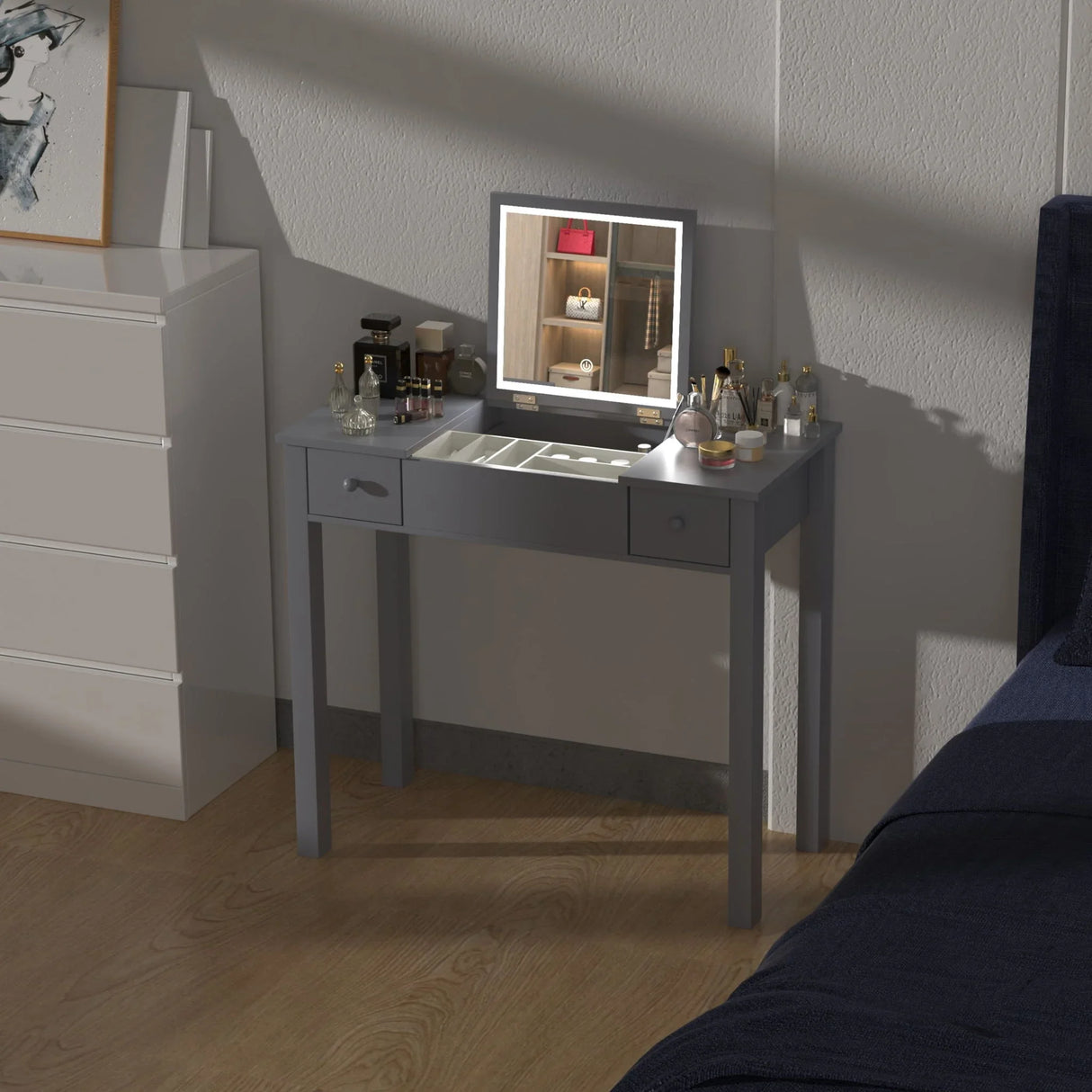 Vanity Table With LED Lights, Flip-Top Mirror And 2 Drawers, Jewelry Storage - Furniture Home Direct