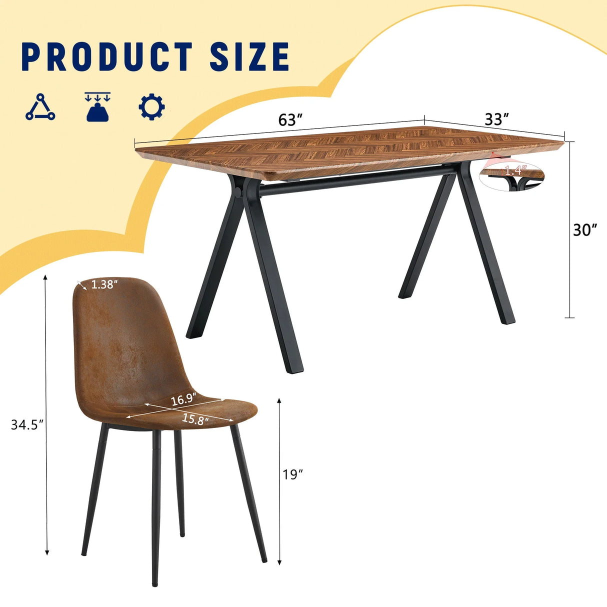 Suede Backrest Chairs With Metal Legs & Herringbone Dining Table Set - Furniture Home Direct