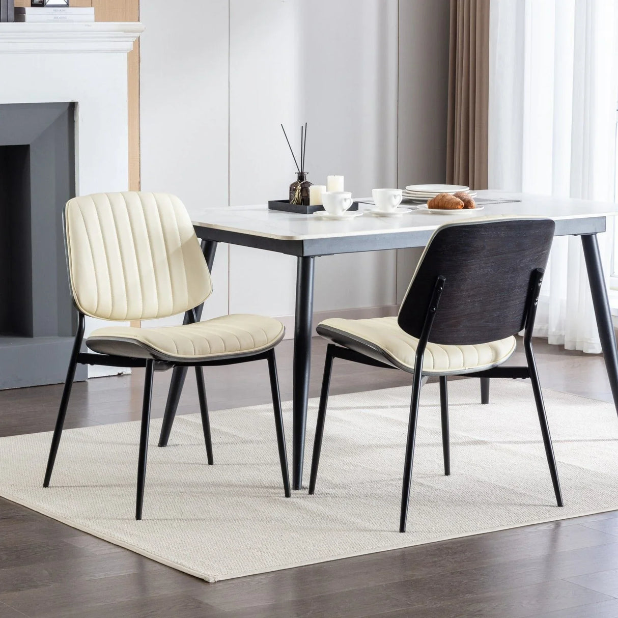 Dining Chairs (Set of 2) Mid-Century Modern Retro Faux Leather Chair With Walnut Bentwood Back Upholstered Seat Metal Legs Adjustable Foot For Kitchen Dining Room Chairs - Furniture Home Direct