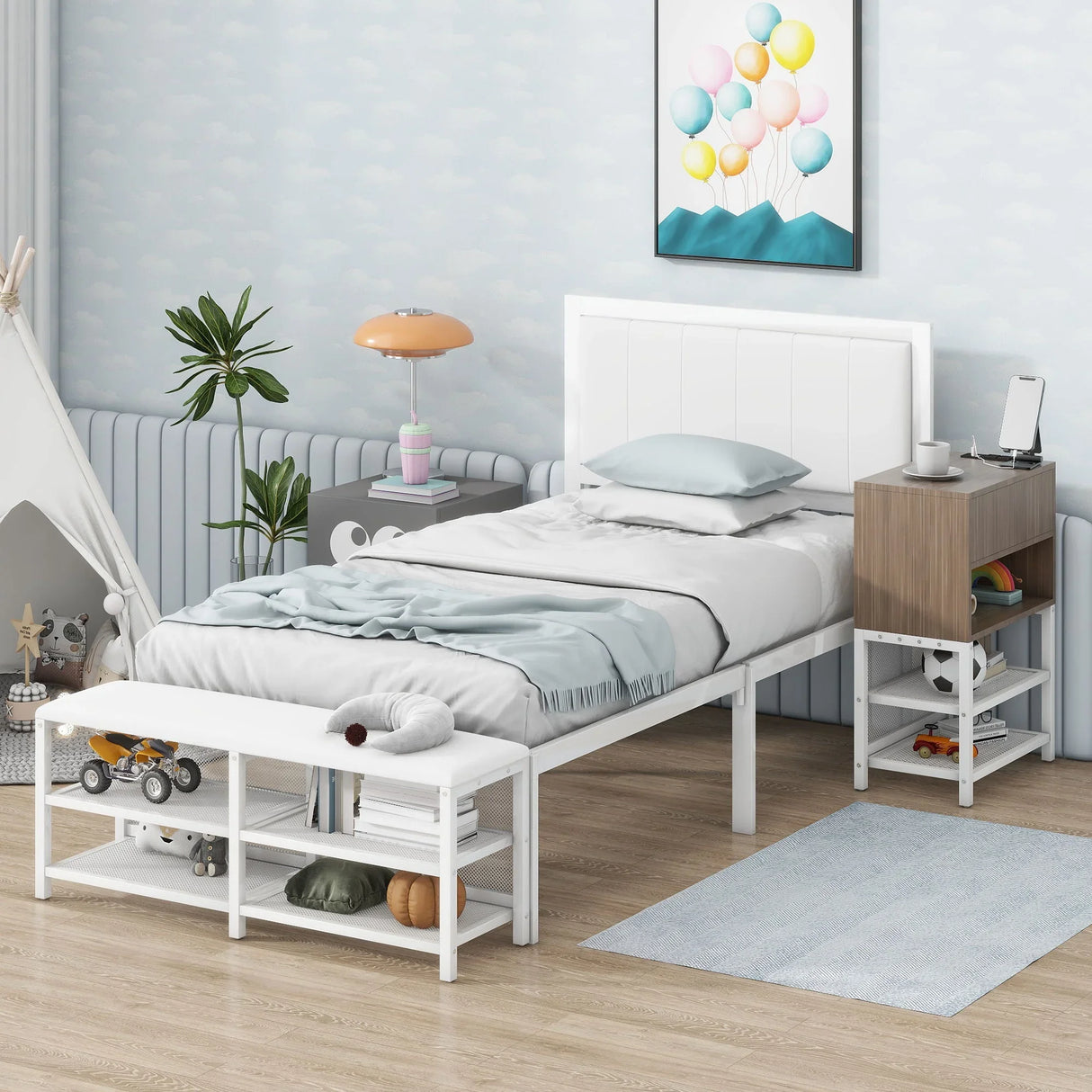 Platform Bed With 2 Tier Storage Shelves, Storage Cabinet - Furniture Home Direct