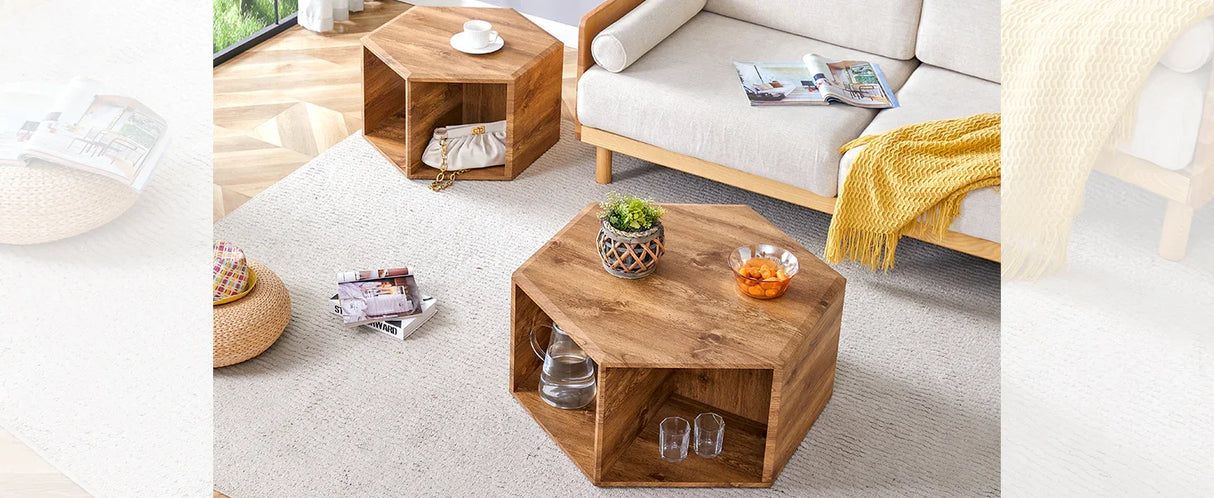 Coffee Table Set Hexagonal Wood Open Shelves Modern Wood - Furniture Home Direct