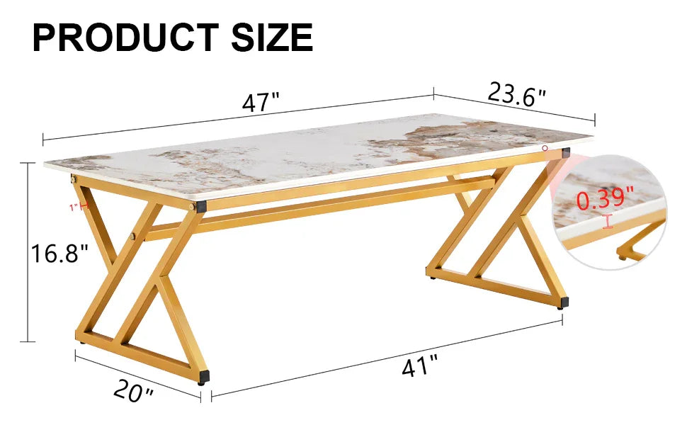 Coffee Table Marble Pattern Rectangular Gold Frame White - Furniture Home Direct