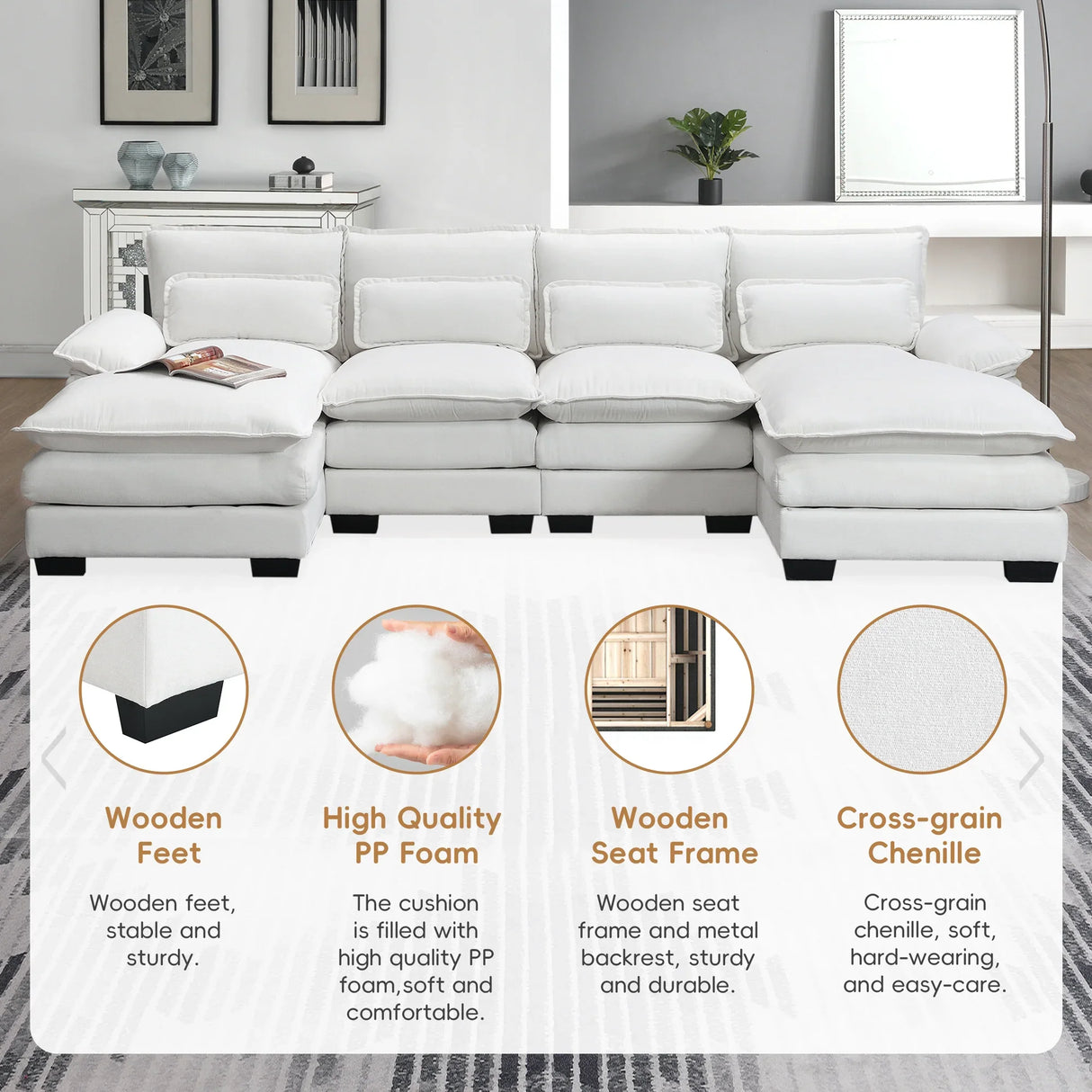 Sectional Sofa Modern U Shaped Chenille Seats 6 White - Furniture Home Direct