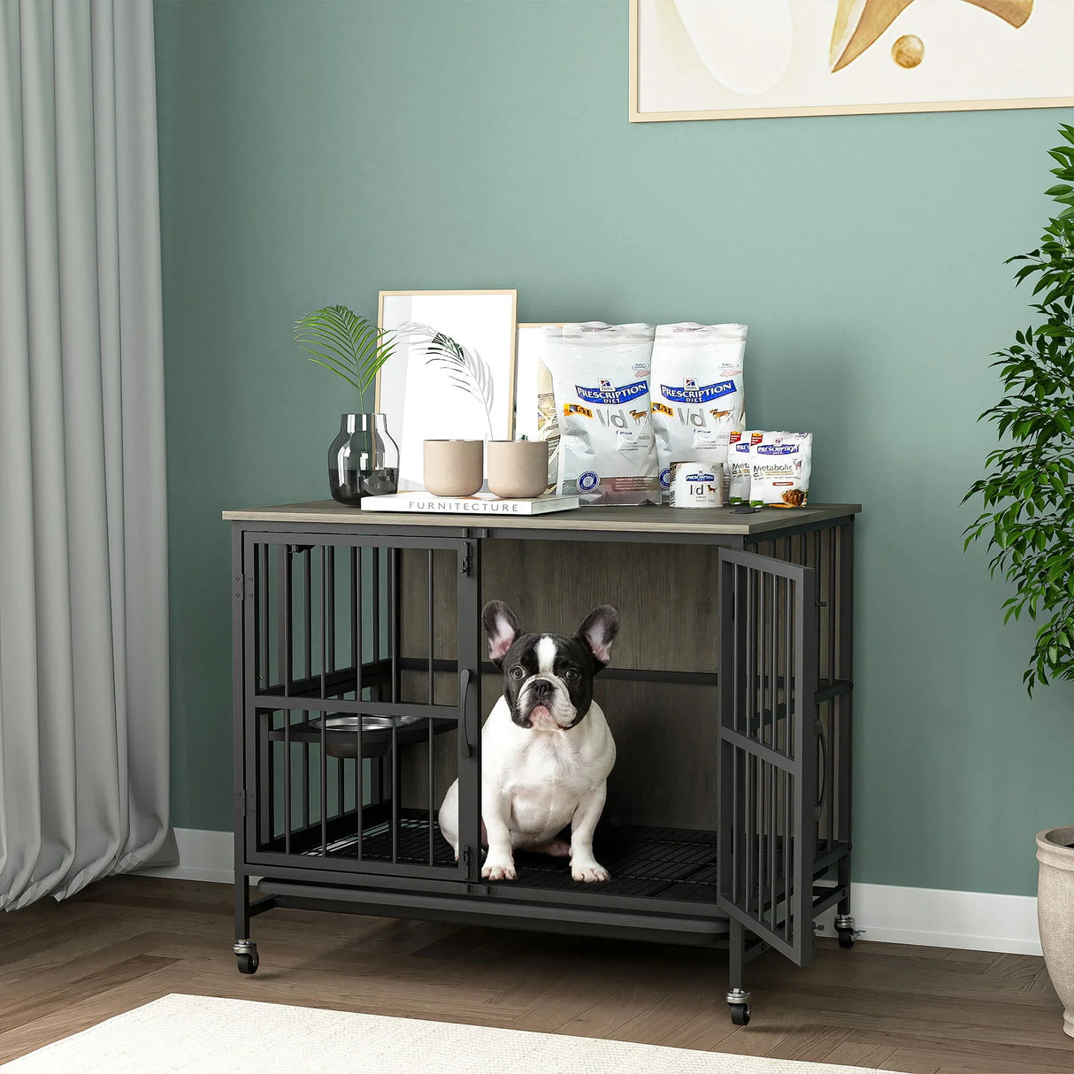 Modern Kennel Dogs Room Up To 60 Lb, Dog Crate Furniture With Multi-Purpose Rremovable Ttray, Double-Door Dog House, Lift Panel, 360 Degree Rotation, 3 Height Adjustable Feeding Bowls - Furniture Home Direct