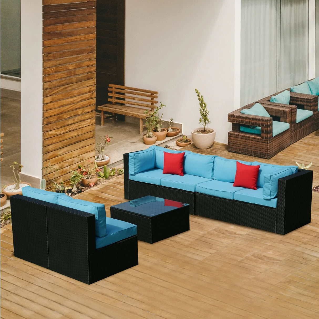 Outdoor Sectional Set With Blue Cushions - Furniture Home Direct