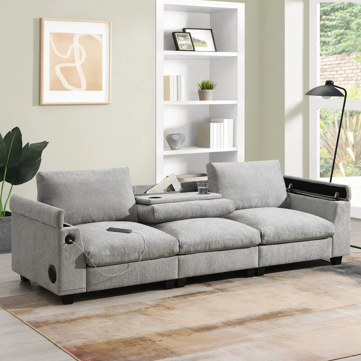 Sectional With Bluetooth Speaker Comfy Cloud Couch Set With Drop Down Table Cup Holders, USB Charger Storage Armrest Wide Seat Sofa - Furniture Home Direct