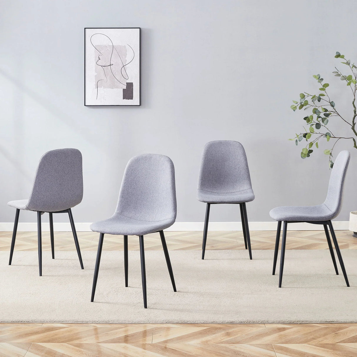Luxury Simple Chair Linen Cotton High Resilience Dining Chair With Black Metal Legs (Set of 4) - Light Gray
