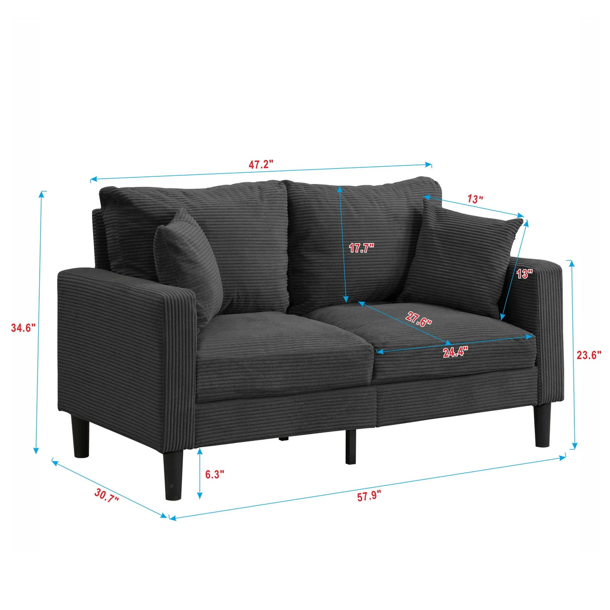Modern Upholstered Loveseat Sofa With High Resilience, Wooden Frame - Dark Gray - Furniture Home Direct