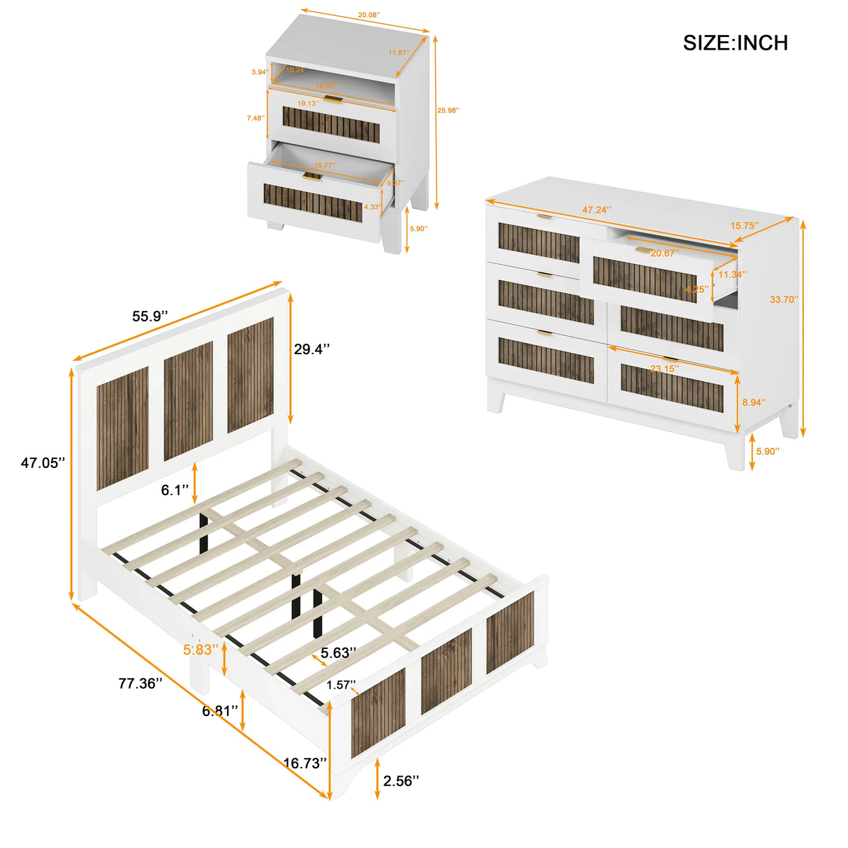 Bedroom Set Full Size Bed Dresser Nightstands Wood White - Furniture Home Direct