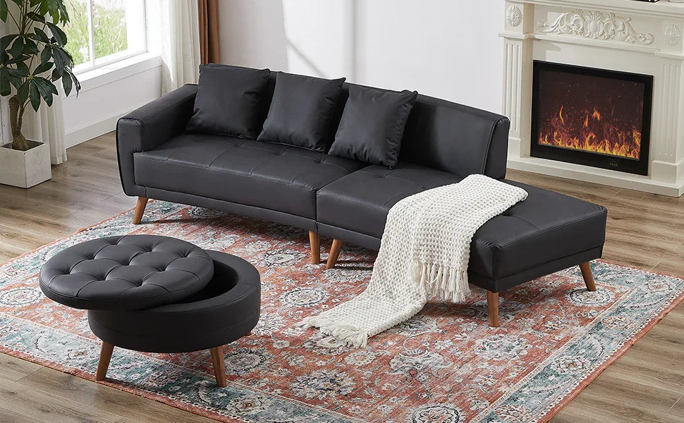 107 Inch Black Sectional With Round Storage Ottoman - Furniture Home Direct