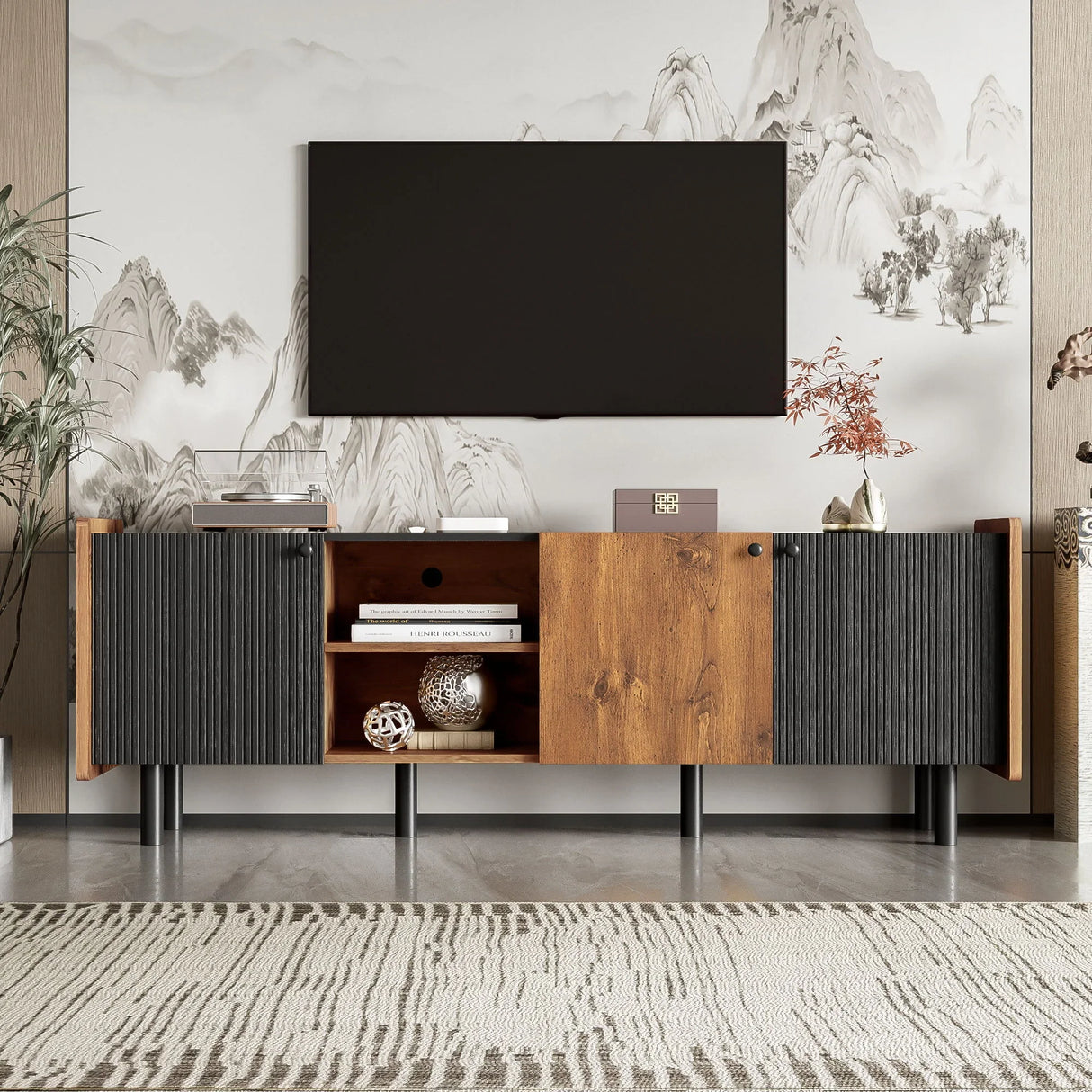 Mid Century TV Stand With 3 Cabinets, Media Console Table For Tvs Up To 70'', Entertainment Center With Storage For Living Room - Black / Brown - Furniture Home Direct
