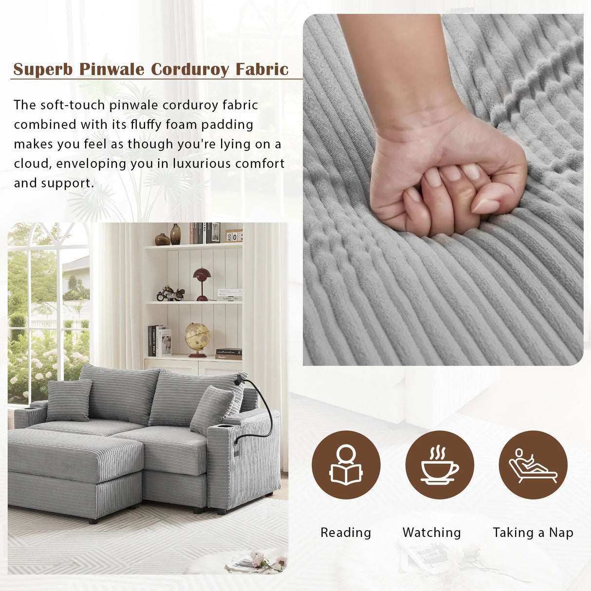 Modern Style Loveseat With Storage, Ottoman, Two USB Ports, Two Cup Holders and Phone Holder - Gray - Furniture Home Direct