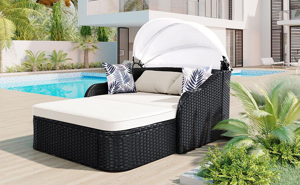 Outdoor Sunbed With Adjustable Canopy, Double Lounge, Daybed - Black / Beige - Furniture Home Direct
