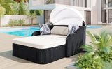 Outdoor Sunbed With Adjustable Canopy, Double Lounge, Daybed - Black / Beige - Furniture Home Direct