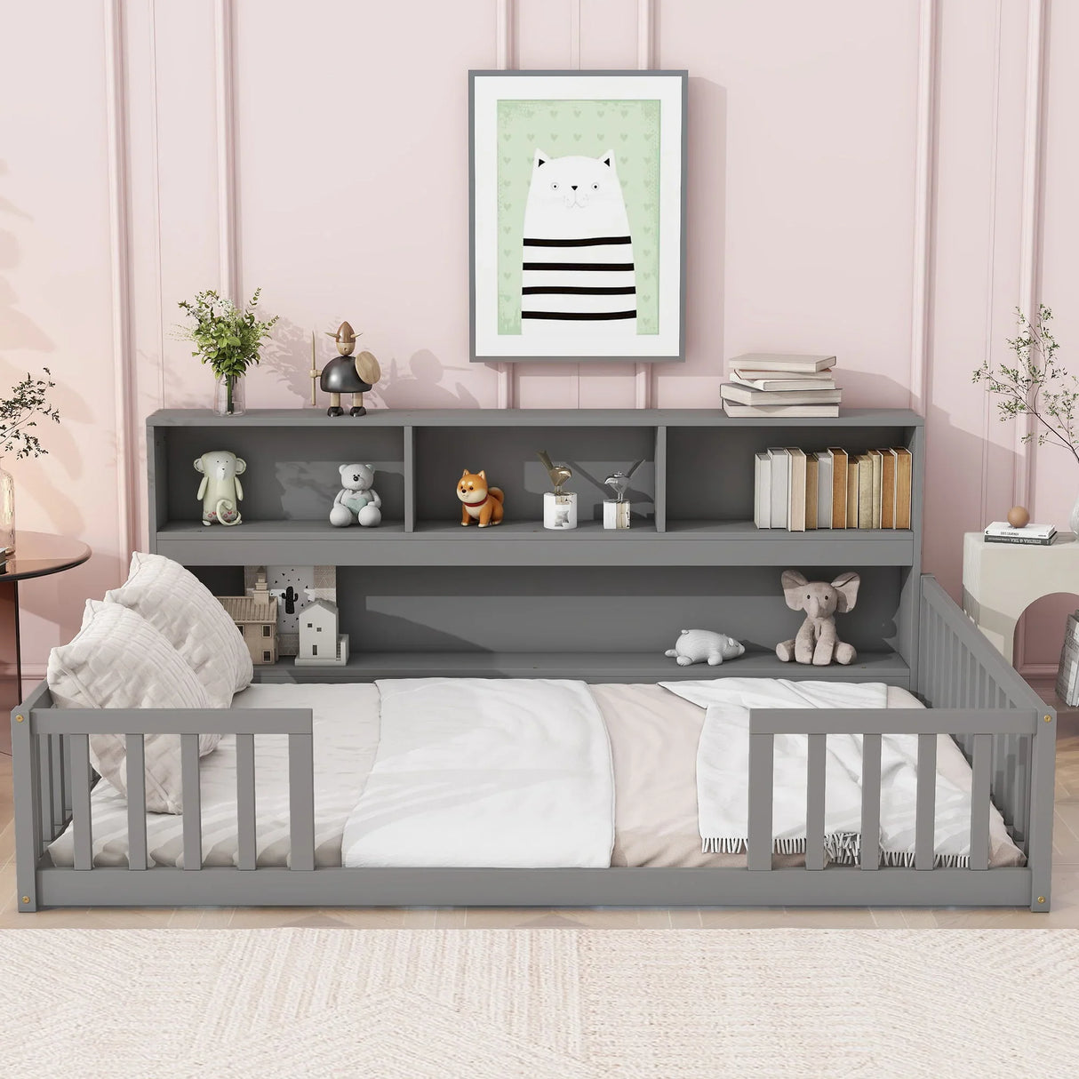 Floor Bed With Side Bookcase, Shelves, Guardrails - Furniture Home Direct