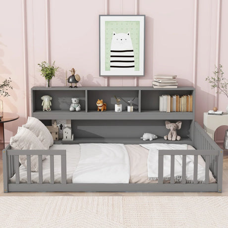 Floor Bed With Side Bookcase, Shelves, Guardrails - Furniture Home Direct
