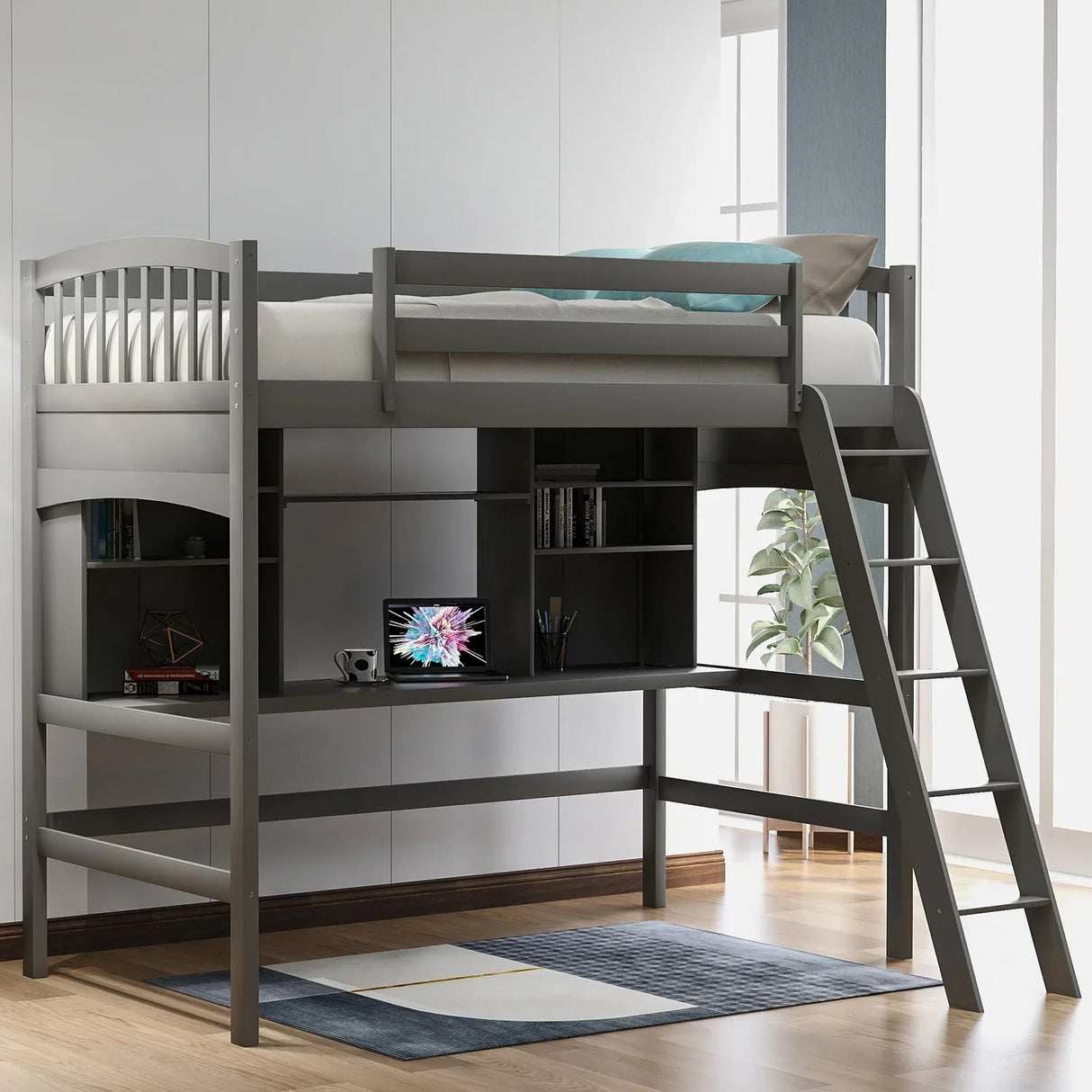 Loft Bed With Storage Shelves, Desk And Ladder - Furniture Home Direct