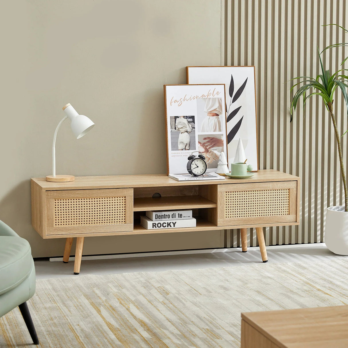 55.12" Rattan TV Cabinet, Double Sliding Doors For Storage, Adjustable Shelf, Solid Wood Legs, TV Console For Living Room - Furniture Home Direct