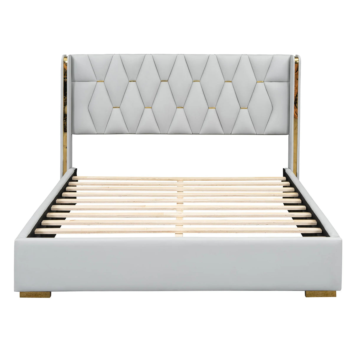 Full Size Upholstered Platform Bed Metal Strips Off White - Furniture Home Direct