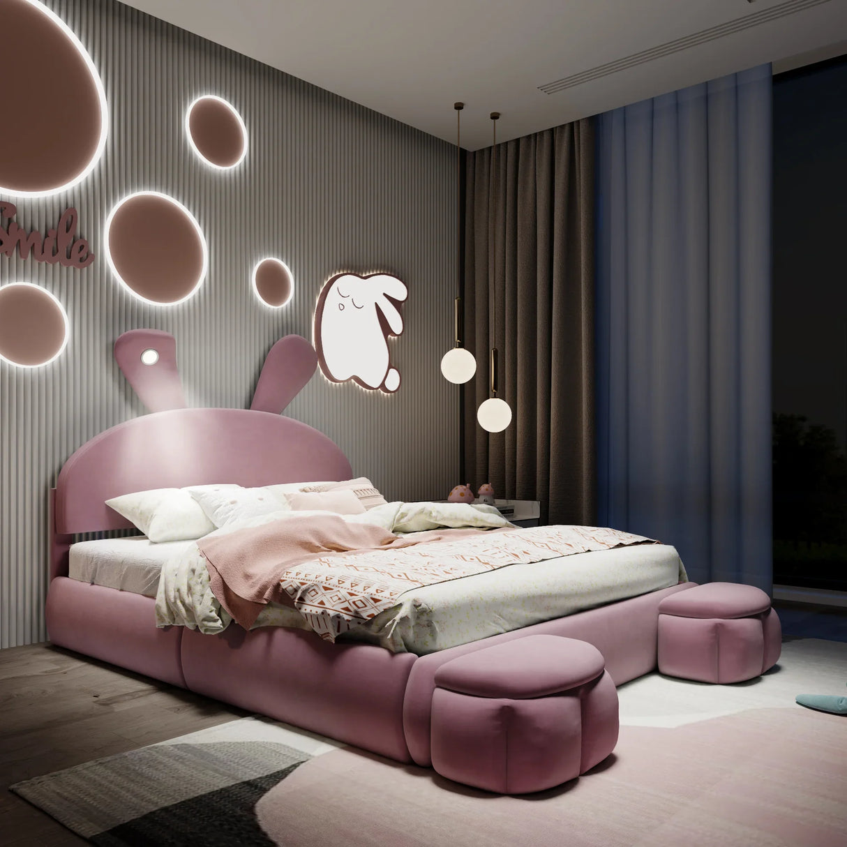 Full Size Upholstered Platform Bed with Cartoon Ears Shaped Headboard and Light, Pink - Furniture Home Direct