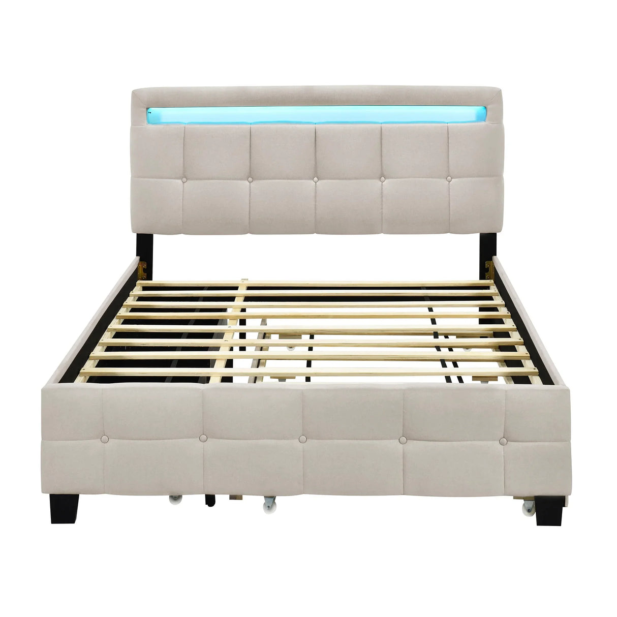 Upholstered Platform Bed With LED Frame, With Trundle And 2 Drawers - Furniture Home Direct