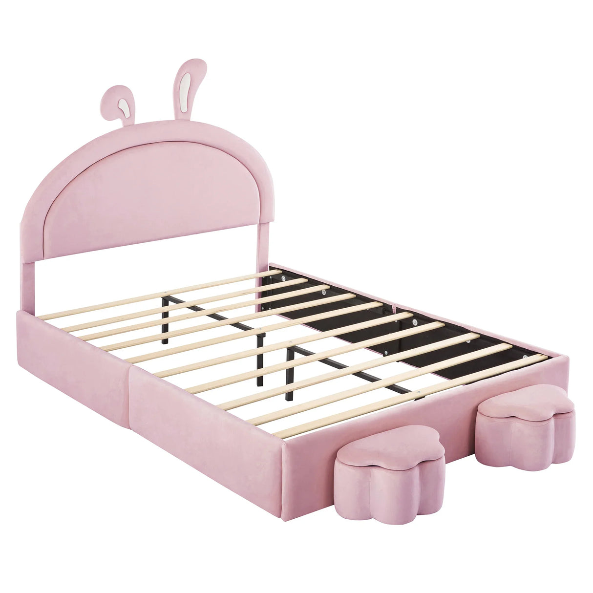 Rabbit Shaped Bed With Storage Stools Upholstered Pink - Furniture Home Direct