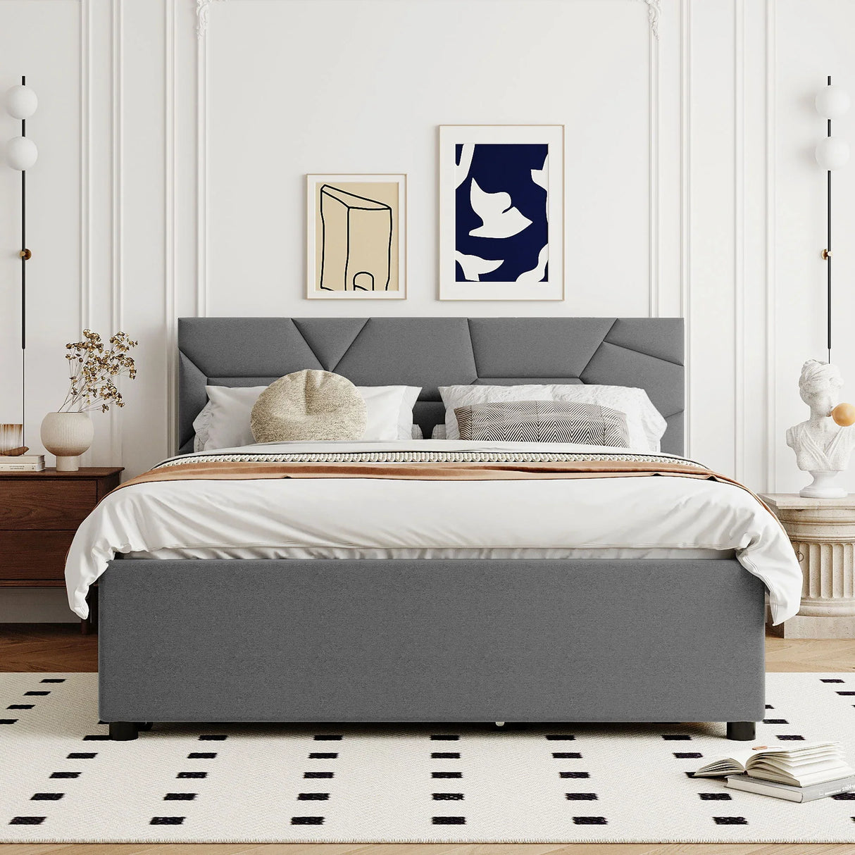 Upholstered Platform Bed With Brick Pattern Headboard And Twin Long Size Trundle - Furniture Home Direct
