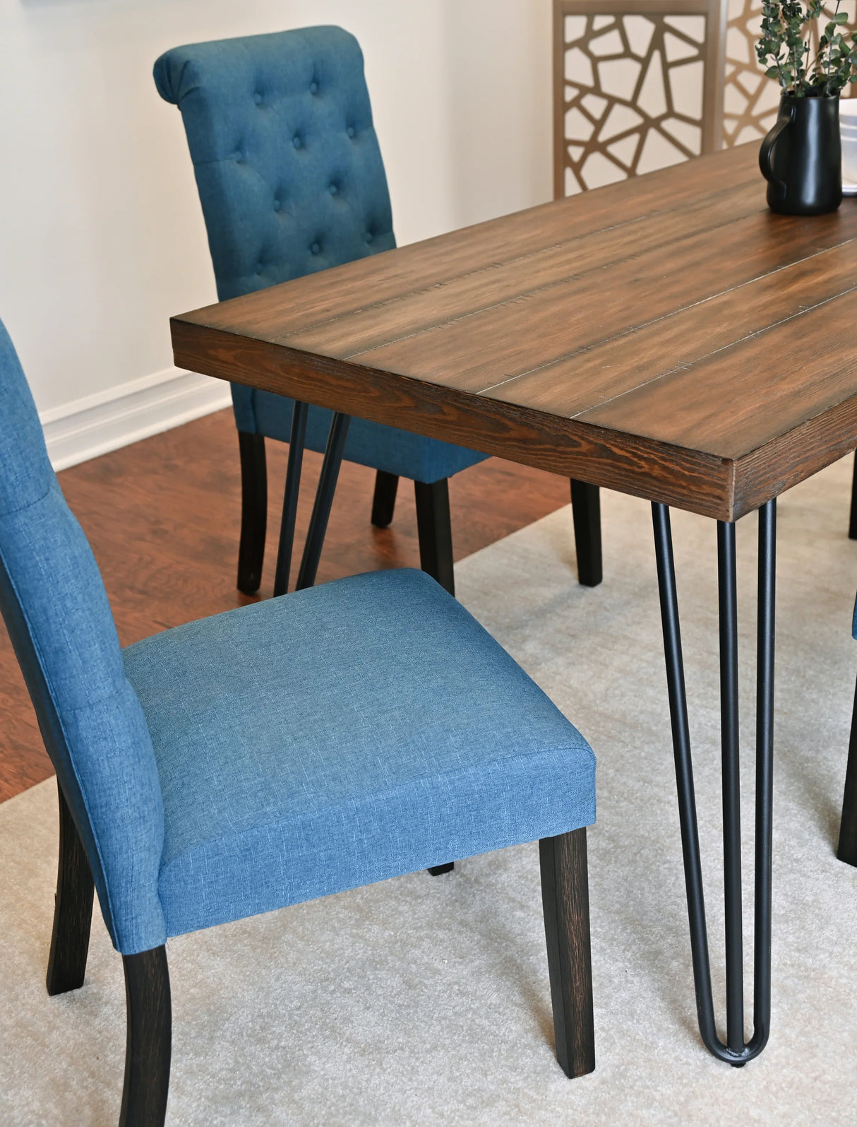 Dining Set Wood Table With Tufted Chairs Seating Six Blue - Furniture Home Direct