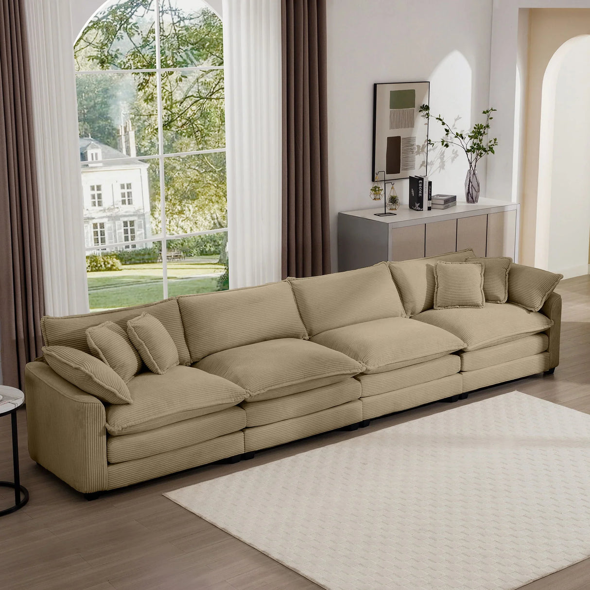Modern Upholstered 4 Seater Corduroy Fabric Sofa With Arm And Throw Pillows - Furniture Home Direct