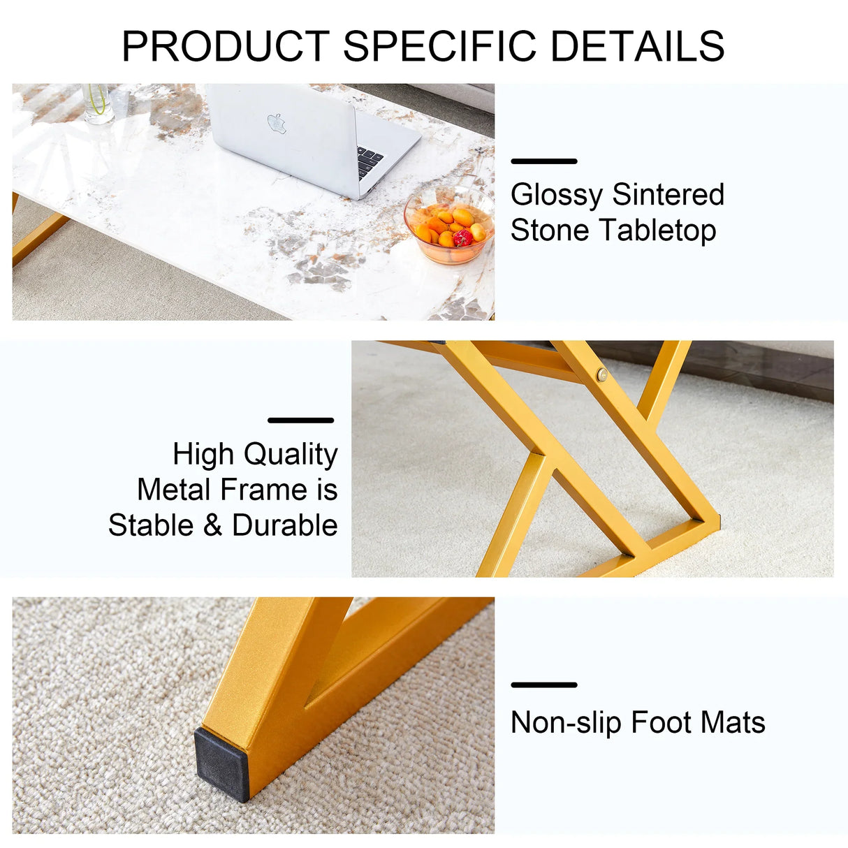 Coffee Table Marble Pattern Rectangular Gold Frame White - Furniture Home Direct