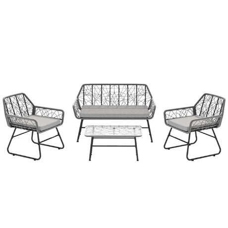 4 Piece Wicker Patio Furniture Set With Tempered Glass Table And Detachable Cushions - Furniture Home Direct