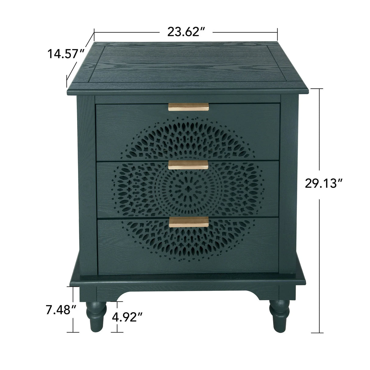 Hollow Carved 3 Drawer Dresser With Metal Handles, Storage Chest For Living Room Or Bedroom - Blackish Green - Furniture Home Direct