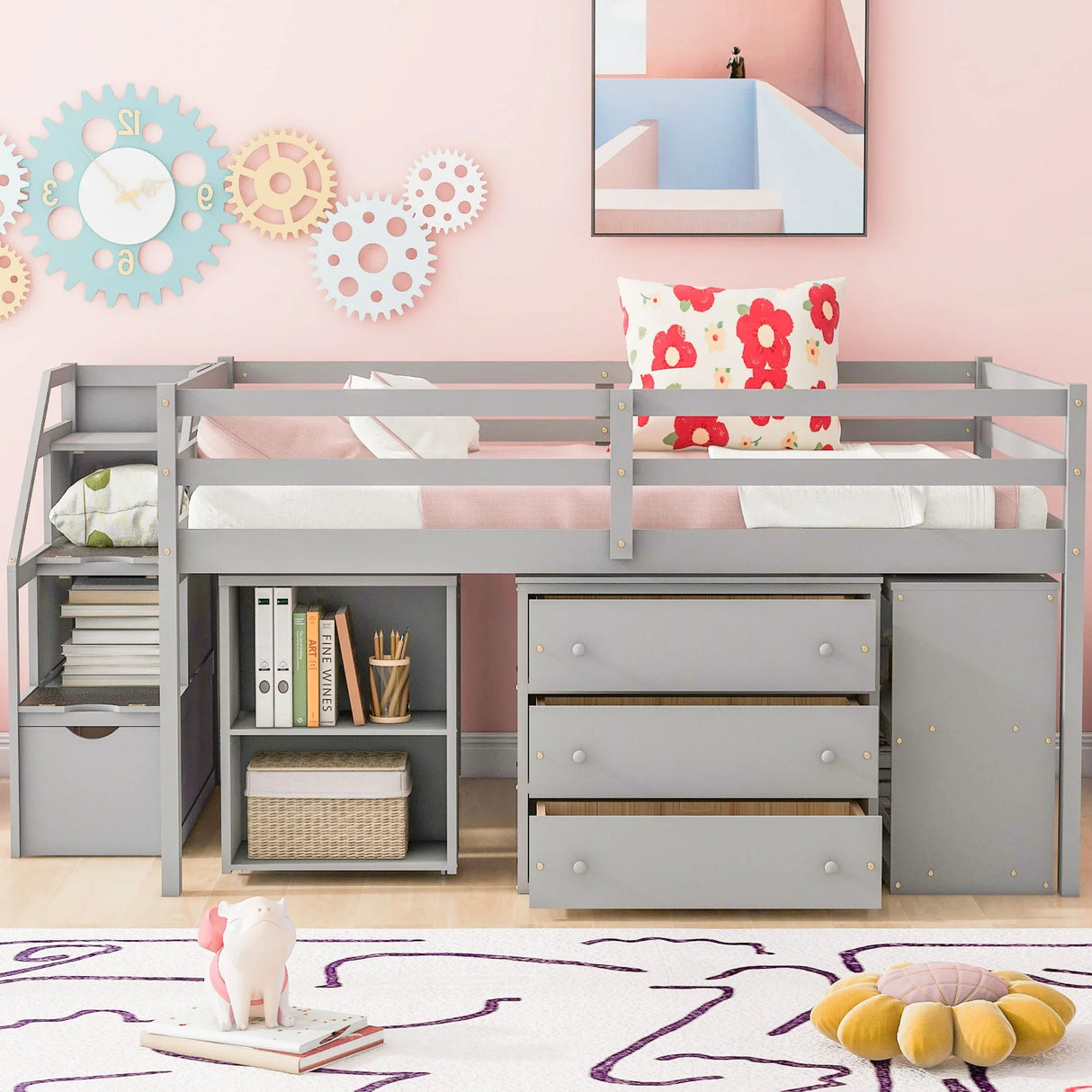 Loft Bed With Retractable Writing Desk And 3 Drawers With Storage Stairs And Shelves - Furniture Home Direct