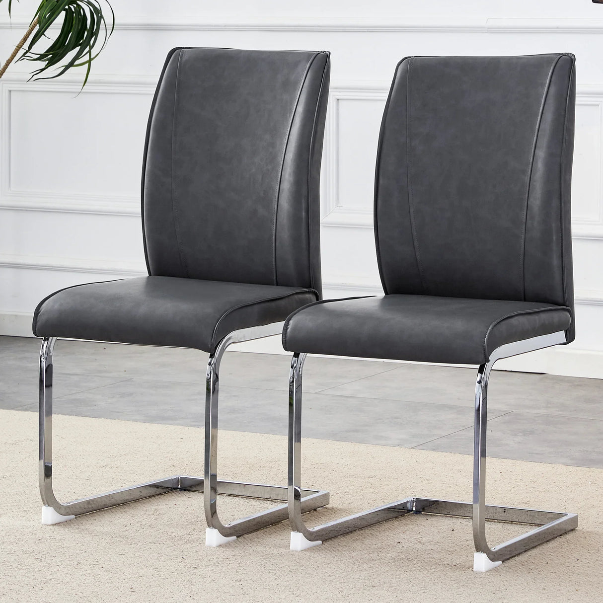 Dining Chairs Cantilever Metal Frame Polished PU Dark Gray - Furniture Home Direct