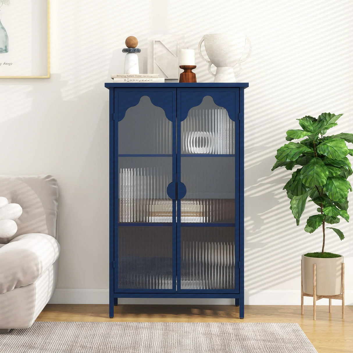 2 Doors Metal Storage Cabinet With Glass Doors - Dark Blue - Furniture Home Direct