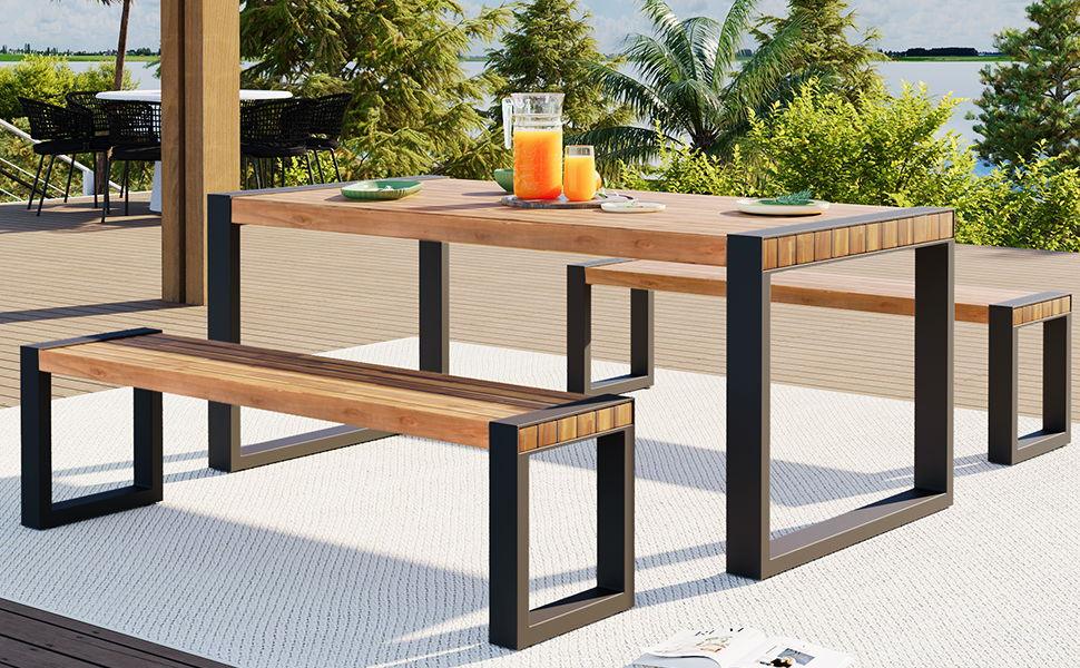 3 Pieces Outdoor Dining Table With 2 Benches, Patio Dining Set With Unique Top Texture, Acacia Wood Top & Steel Frame, All Weather Use, For Outdoor & Indoor - Natural - Furniture Home Direct