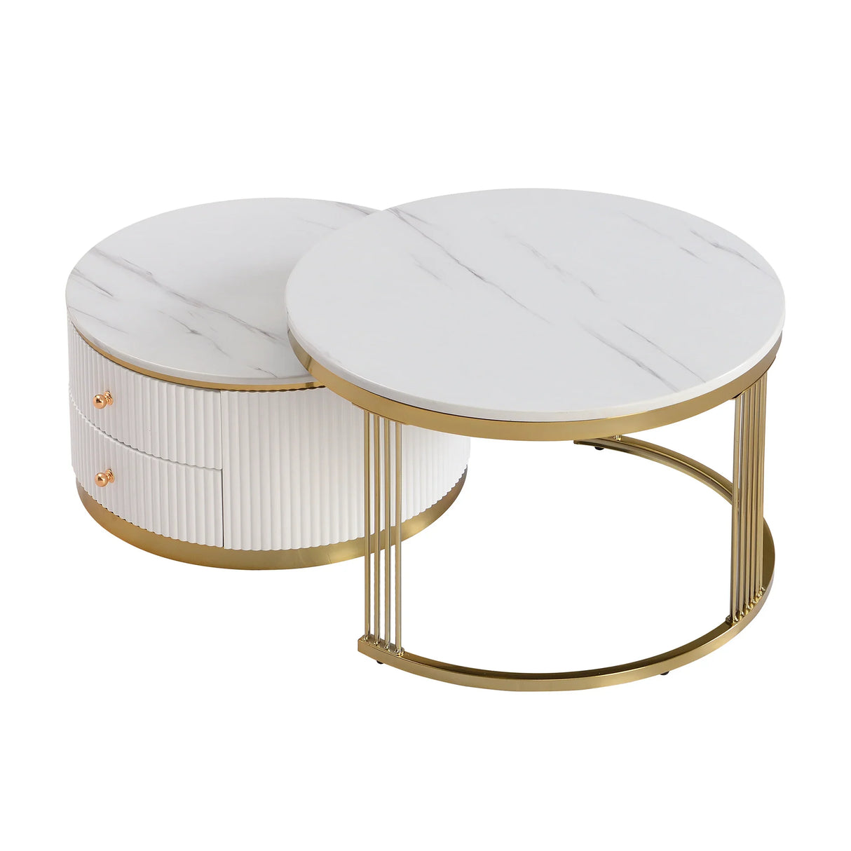 Nesting Coffee Tables With Drawers Round White And Gold - Furniture Home Direct