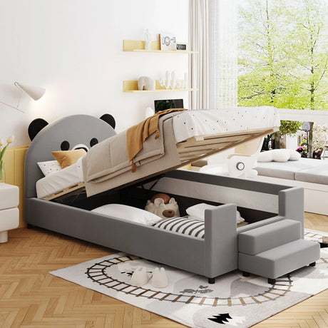 Upholstered Daybed With Bear Shaped Headboard, Hydraulic System And Breathable Mesh Fence - Furniture Home Direct