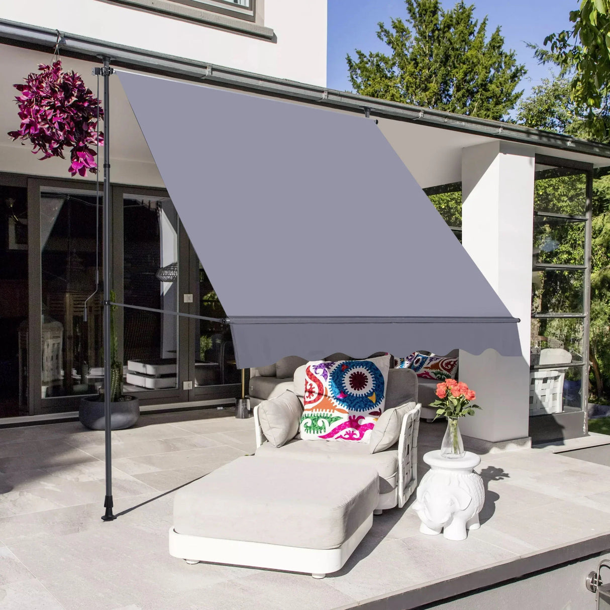 Manual Retractable Patio Awning, UV Resistant Polyester Sun Shade With No Drill Installation - Furniture Home Direct