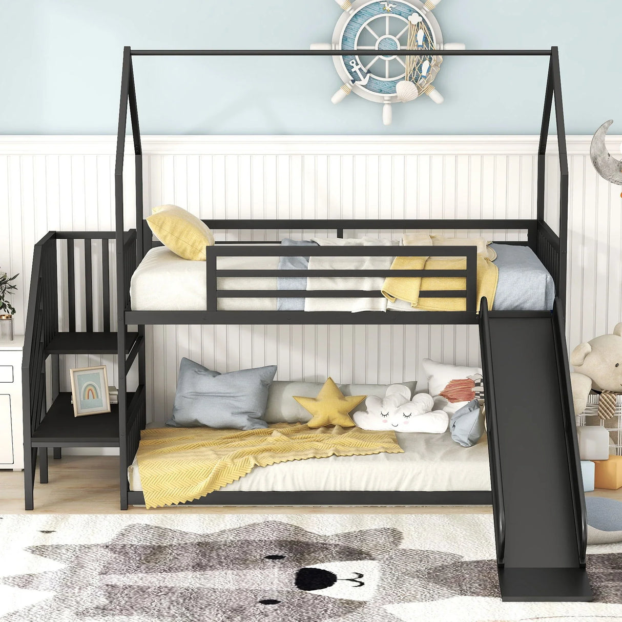 Twin Over Twin Metal Bunk Bed House Bed With Slide And Staircase - Furniture Home Direct