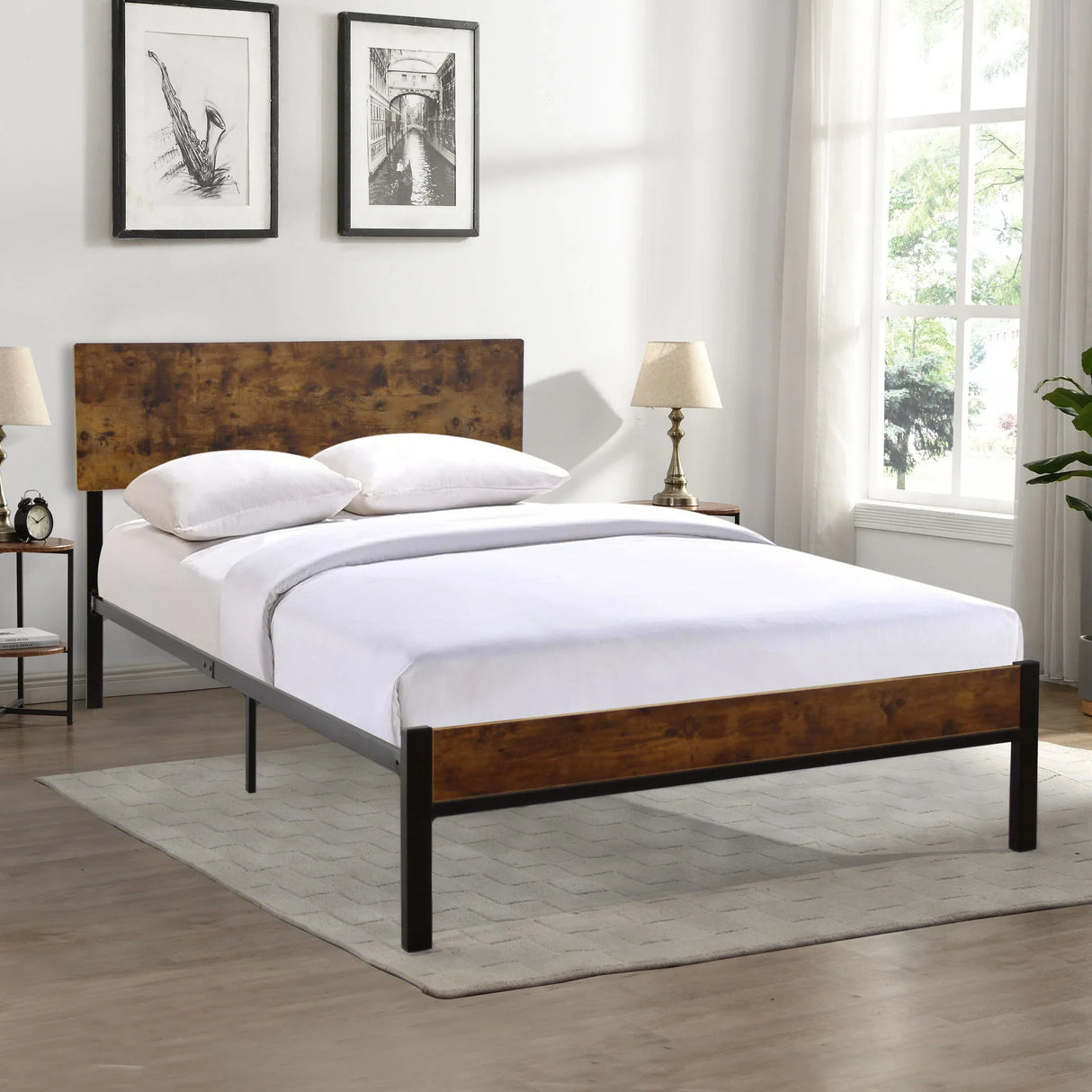 Modern Twin Size Metal Bed Frame Sturdy System Metal & Wood - Black - Furniture Home Direct