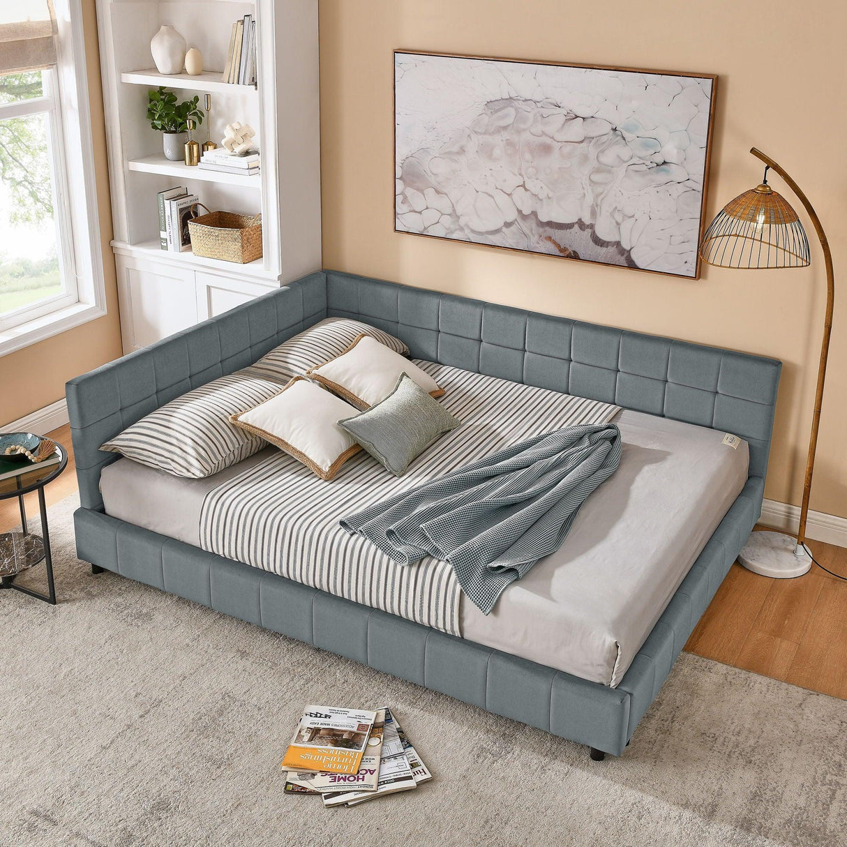 Mid-Century Storage Upholstered Tufted Bed Frame With Backrest And Armrests - Furniture Home Direct