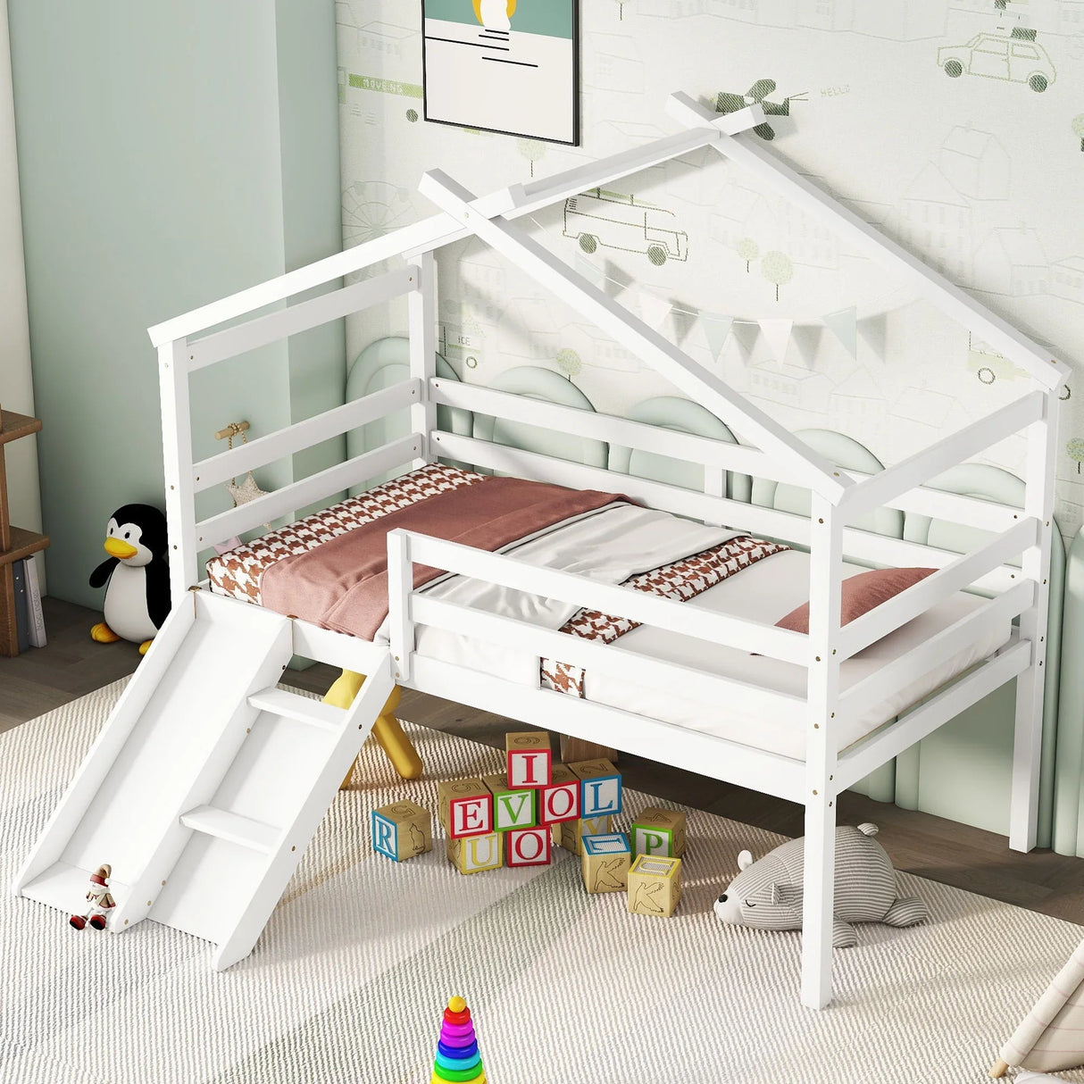 Low Loft House Bed With Slide, Ladder, Safety Guardrails, House Roof Frame - Furniture Home Direct