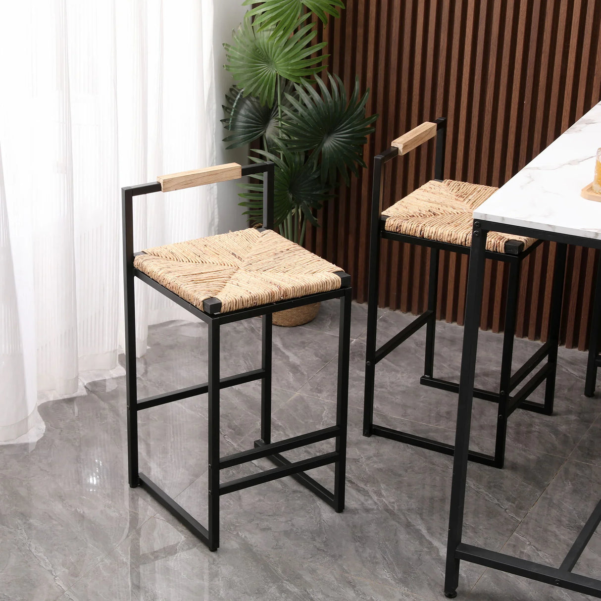 Water Hyacinth Woven Bar Stools With Back Support, Counter Height Dining Chairs (Set of 2) - Natural - Furniture Home Direct