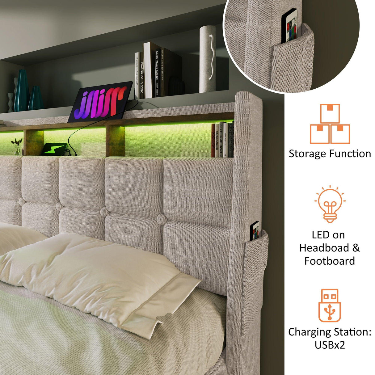 Upholstered Platform Bed With A Hydraulic Storage System, LED And USB Charging (Without Mattress) - Furniture Home Direct